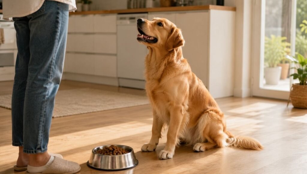 A healthy adult golden retriever with ideal body condition sitting beside a bowl of adult dog food, looking bright-eyed and content — representing the successful outcome of switching puppy to adult food at the right time based on breed size and physical readiness