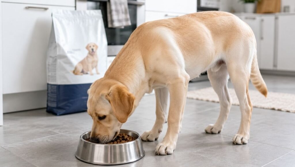 A young Labrador retriever eating a controlled portion from a large food bowl with large breed puppy food visible in the background — showing why large breed dogs need to stay on puppy-specific food longer than smaller breeds before switching to adult food