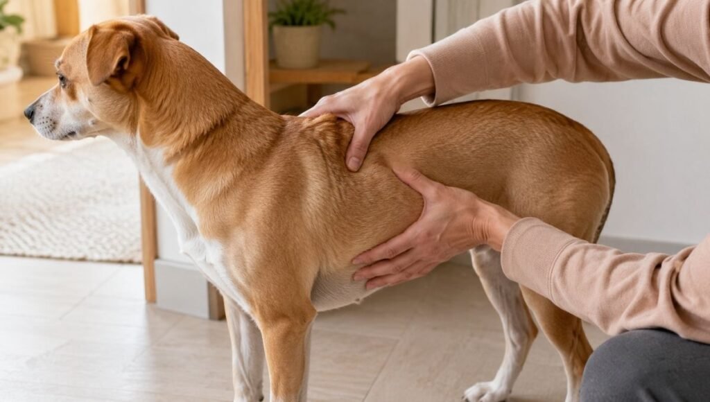 A dog owner gently running both hands along their dog's ribcage to assess body condition and determine if the puppy has reached 80 to 90 percent of adult size — the key physical readiness check for when to switch puppy to adult food