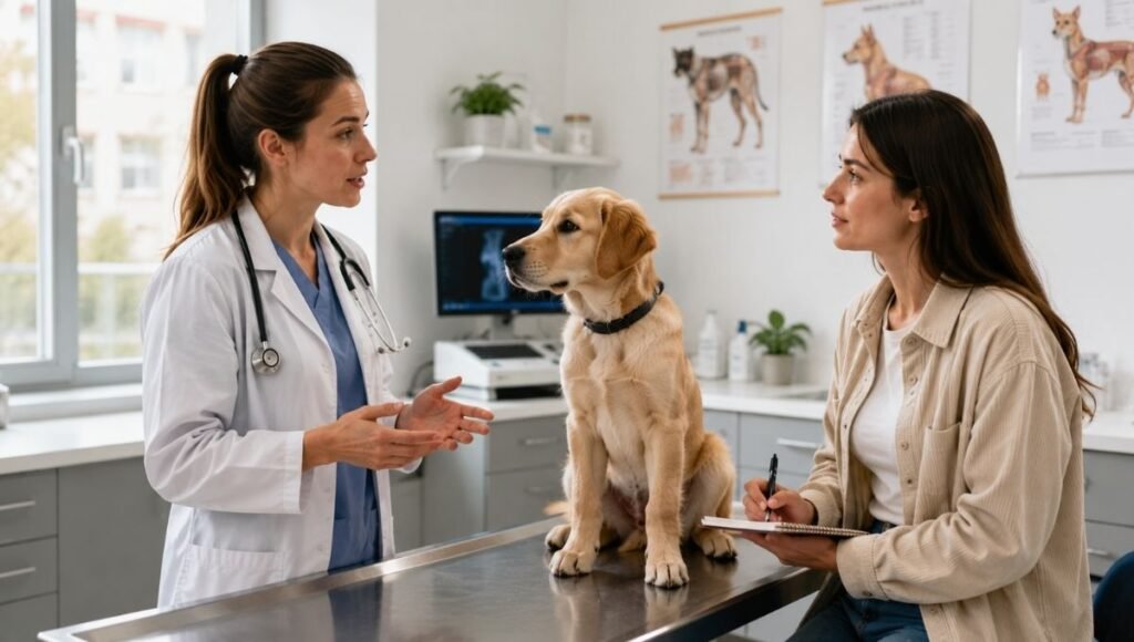 A veterinarian discussing food switching timing with a dog owner in an exam room after a spay or neuter procedure — showing the importance of consulting your vet about when to switch puppy to adult food after spaying or neutering, as the procedure affects metabolism and optimal transition timing