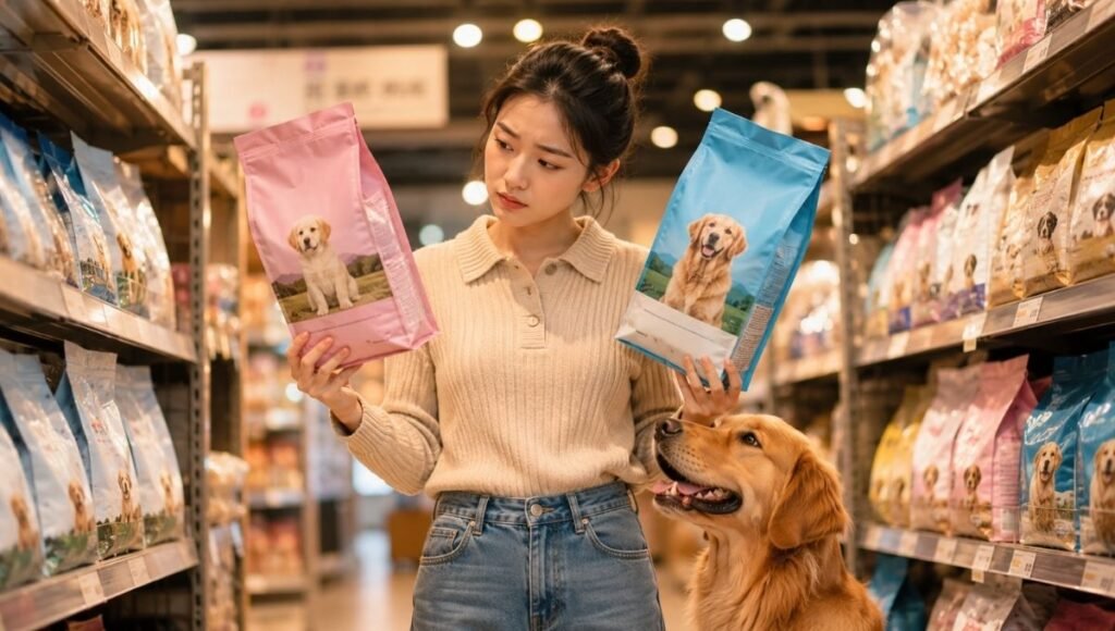 A dog owner standing in a pet store aisle holding a puppy food bag in one hand and an adult dog food bag in the other, looking thoughtful while her dog waits beside her — illustrating the common decision point of when to switch puppy to adult food