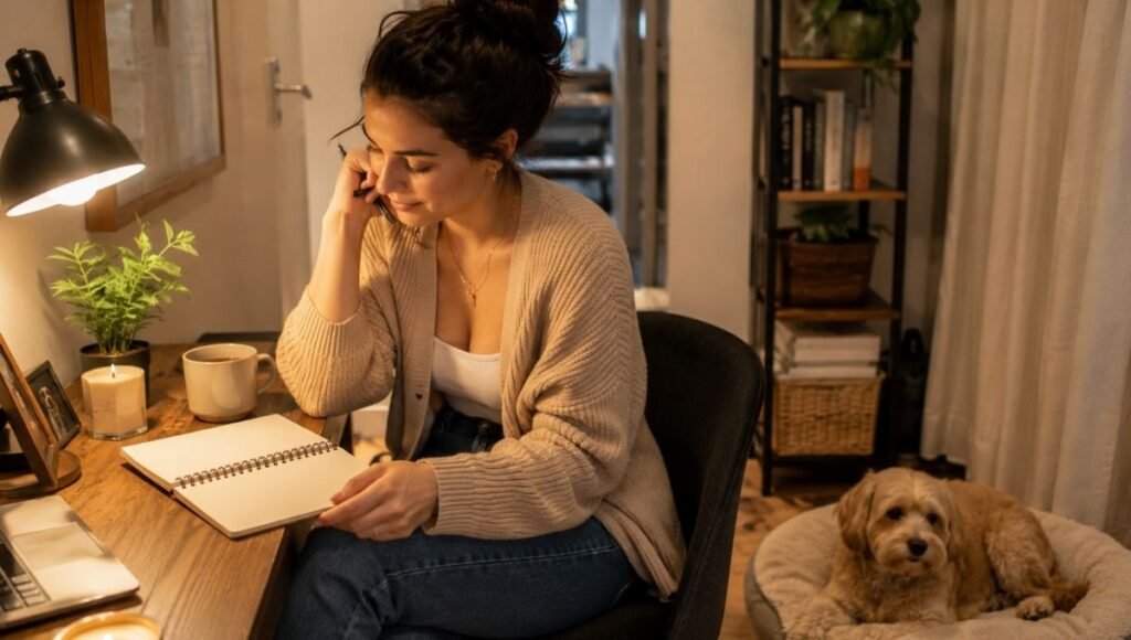 A dog owner sitting at her apartment desk thoughtfully planning pet ownership costs in a notebook while her small dog rests nearby — showing the practical budget planning that new apartment owners should complete before choosing from the best dog breeds for apartments