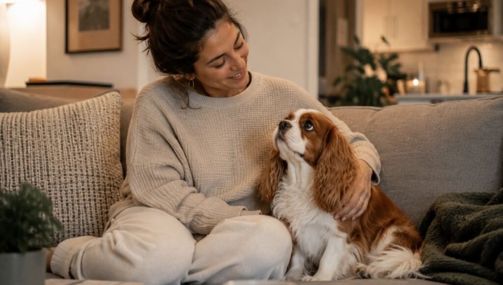 A Cavalier King Charles Spaniel sitting calmly beside its owner on an apartment sofa with soft gentle eyes and a relaxed expression — illustrating why Cavaliers are one of the best dog breeds for apartments for first-time owners who want a warm, trainable, and quiet companion