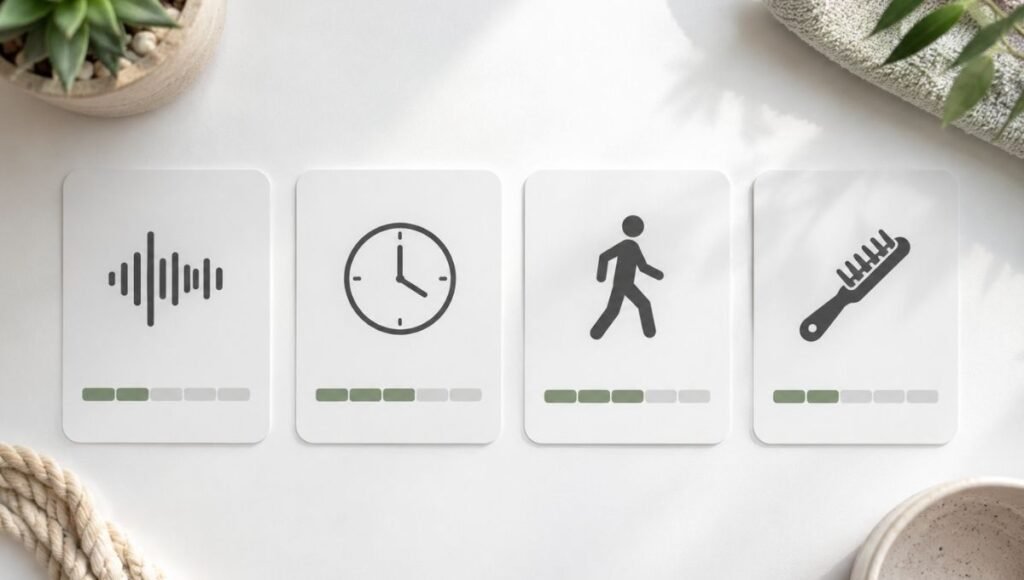 Four visual cards representing the key factors for evaluating the best dog breeds for apartments — barking tendency, alone time tolerance, exercise needs, and grooming requirements — showing the framework used to assess which breeds genuinely thrive in small spaces