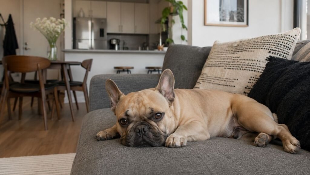 A French Bulldog lying contentedly on a grey apartment sofa looking completely relaxed and at home — showing why French Bulldogs are consistently ranked among the best dog breeds for apartments despite their above-average veterinary costs