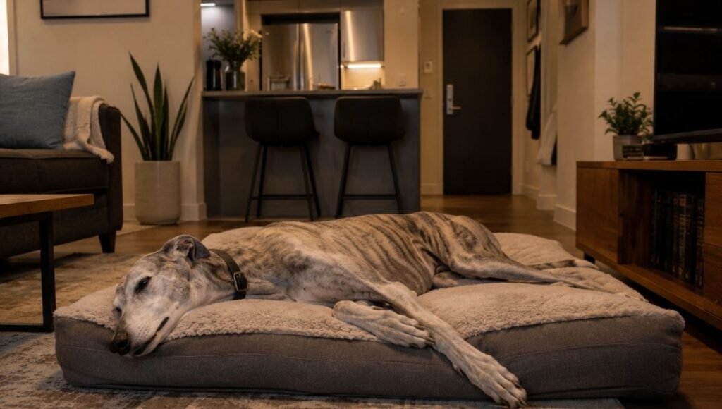 A retired racing Greyhound stretched out peacefully on a dog bed in a modern apartment — the surprising but correct recommendation showing that calm large dogs like Greyhounds can be among the best dog breeds for apartments due to their 18 to 20 hours of daily sleep and naturally quiet temperament