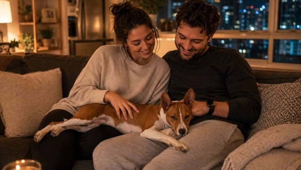 A young couple relaxing on their apartment sofa in the evening with a Basenji stretched contentedly across their laps and city lights visible through the window — representing the genuinely happy human-dog life that becomes possible when first-time owners choose the right breed from the best dog breeds for apartments