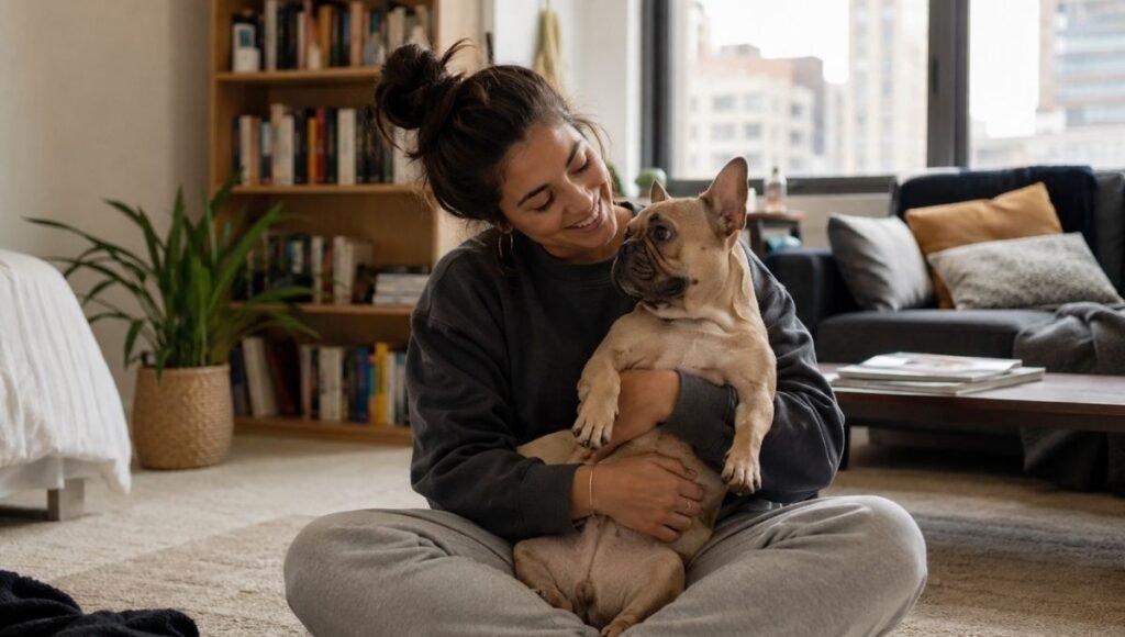 A young professional woman sitting on her apartment floor smiling at a French Bulldog in her lap with a cozy urban apartment and city view behind her — representing the achievable reality of finding the best dog breeds for apartments as a first-time owner