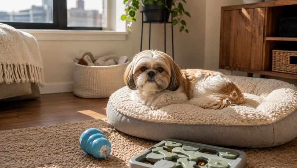 A calm Shih Tzu lying settled on a dog bed beside a frozen Kong toy and puzzle feeder in a quiet apartment while its owner is away at work — showing the mental enrichment setup that allows the best apartment dog breeds to handle a full working day without anxiety or destructive behavior
