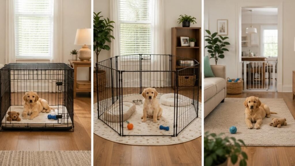 Comparison of a crate, playpen, and puppy-proofed room for safe alone time.