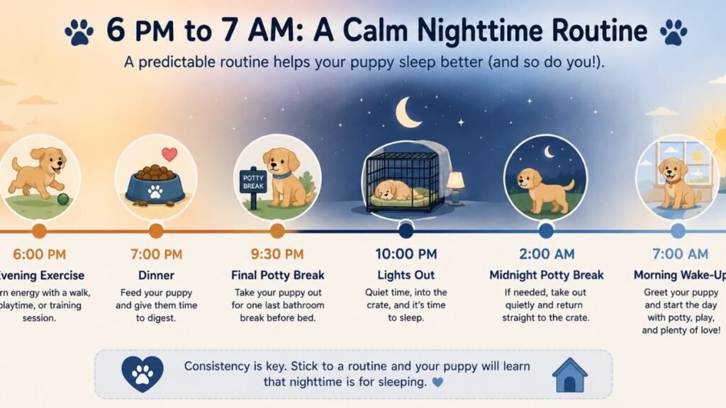 Timeline infographic of a puppy's first night of crate training from evening to morning