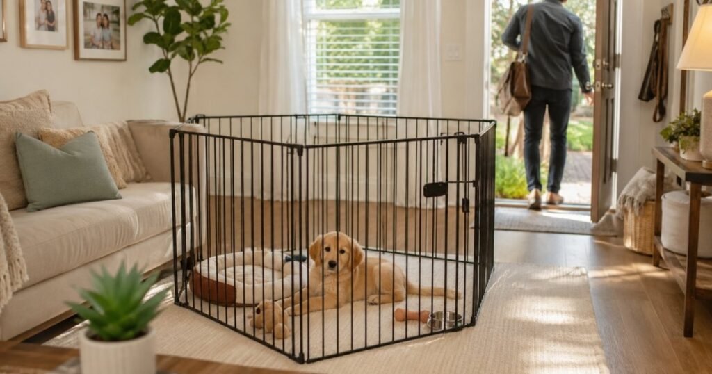 Golden Retriever puppy relaxing calmly in a playpen while its owner leaves the house.