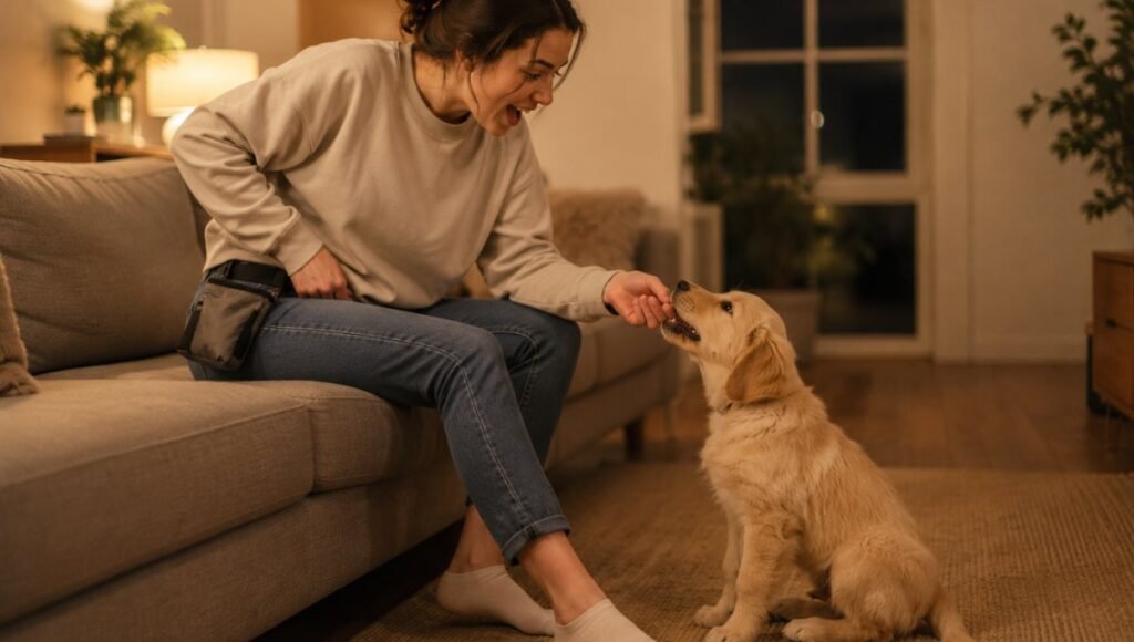 A dog owner catching the moment her puppy spontaneously sits and immediately reaching for a treat to reward it while the puppy looks up pleased with itself — demonstrating the capturing method as an alternative when luring fails in teaching how to teach a puppy to sit