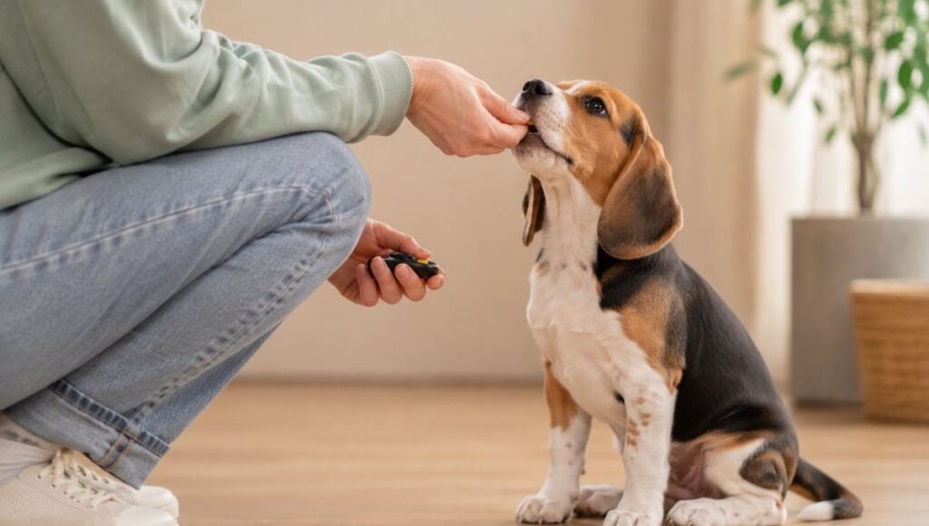 The exact moment a puppy's bottom touches the floor while its owner immediately delivers a treat and holds a clicker — illustrating the precise timing that makes the difference when teaching how to teach a puppy to sit, where the mark and reward must happen within 1 to 2 seconds of the correct behavior