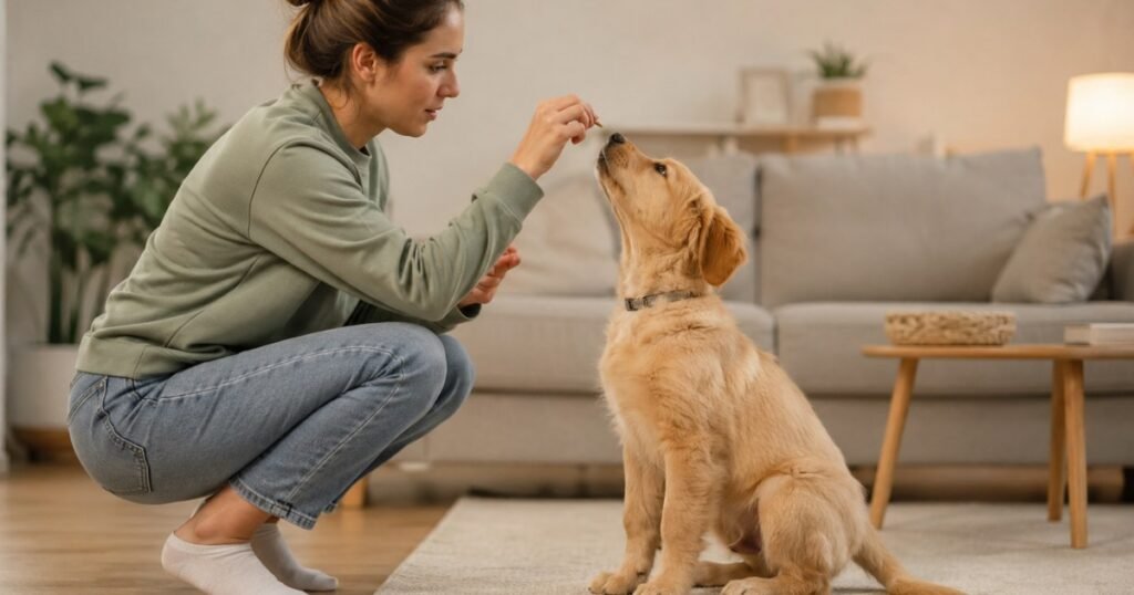 A dog owner crouching at puppy level and holding a treat just above her golden retriever puppy's nose, the puppy looking up alertly in the moment before sitting — showing the correct starting position when learning how to teach a puppy to sit using the lure method