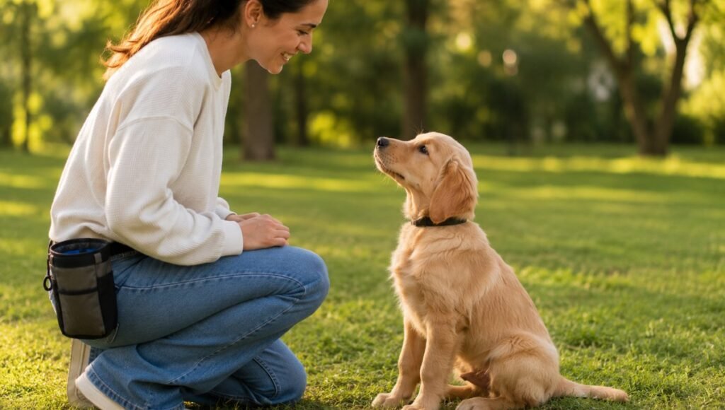 A golden retriever puppy sitting confidently and looking up at its smiling owner with bright focused eyes and a calm settled posture — representing the successful outcome of patiently learning how to teach a puppy to sit using the method that works for that individual puppy's learning style