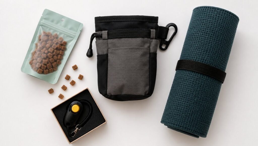 A flat lay of essential puppy training tools including soft training treats, a treat pouch, a clicker, and a training mat — showing the recommended equipment that makes it easier to consistently practice how to teach a puppy to sit with good timing and motivation