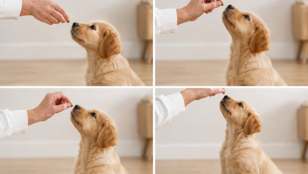 A hand moving a training treat slowly backward over a puppy's head while the puppy's nose follows the treat and its body naturally begins shifting into a sit — showing the correct low and close treat movement that is the key technique when teaching how to teach a puppy to sit