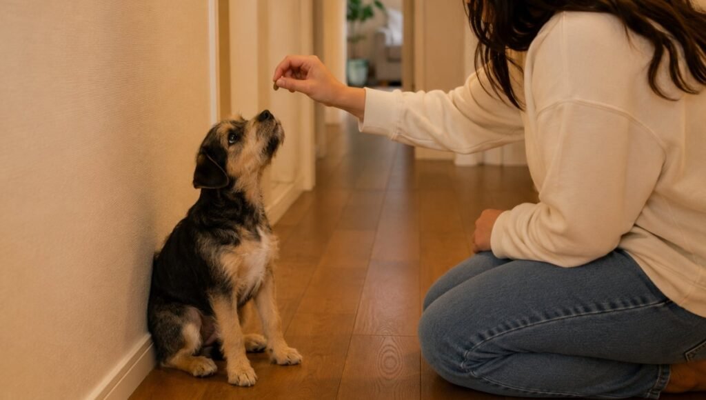 A small puppy positioned near a wall while its owner holds a treat at nose level in front — showing the wall and corner training method that solves the common problem of puppies backing away instead of sitting when owners are learning how to teach a puppy to sit