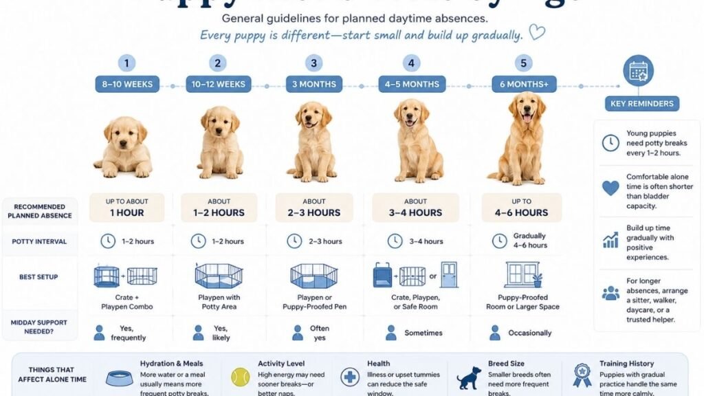 Infographic showing recommended alone time for puppies at different ages.