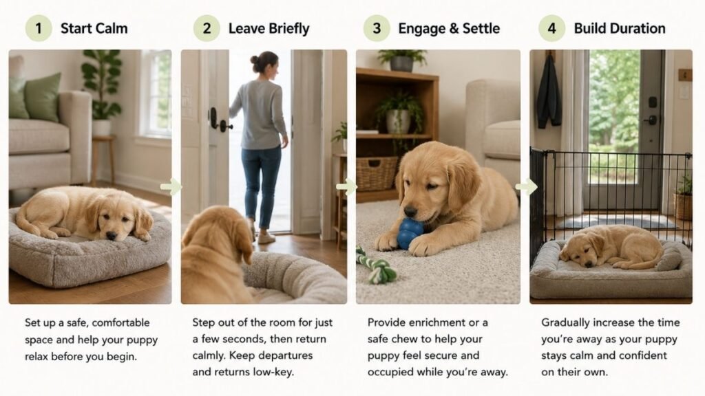 Step-by-step puppy independence training inside the home.