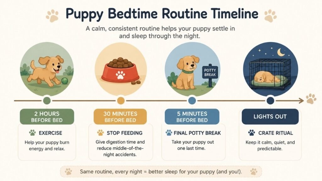 Infographic showing a step-by-step puppy bedtime routine timeline before crate training