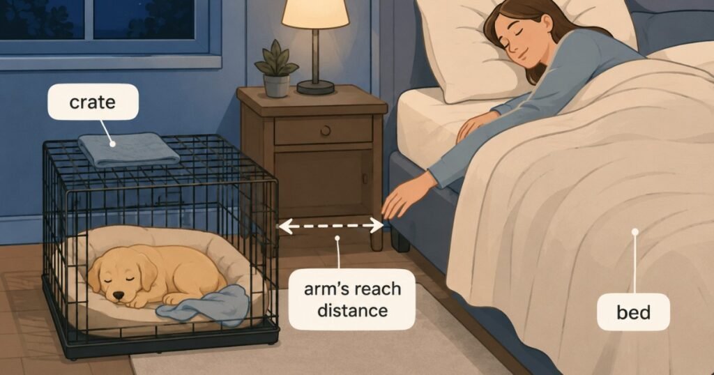 Diagram showing a puppy crate placed beside the bed for night-time crate training
