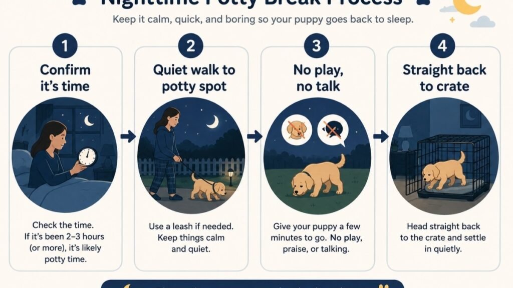 Decision tree flowchart for deciding whether to respond to a crying puppy at night