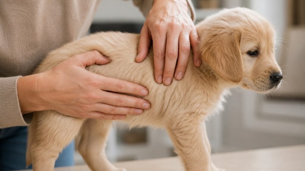 A person's hands gently feeling along a puppy's ribcage to assess body condition score — demonstrating the rib check method that veterinarians recommend as more reliable than scale weight alone when tracking puppy growth chart progress