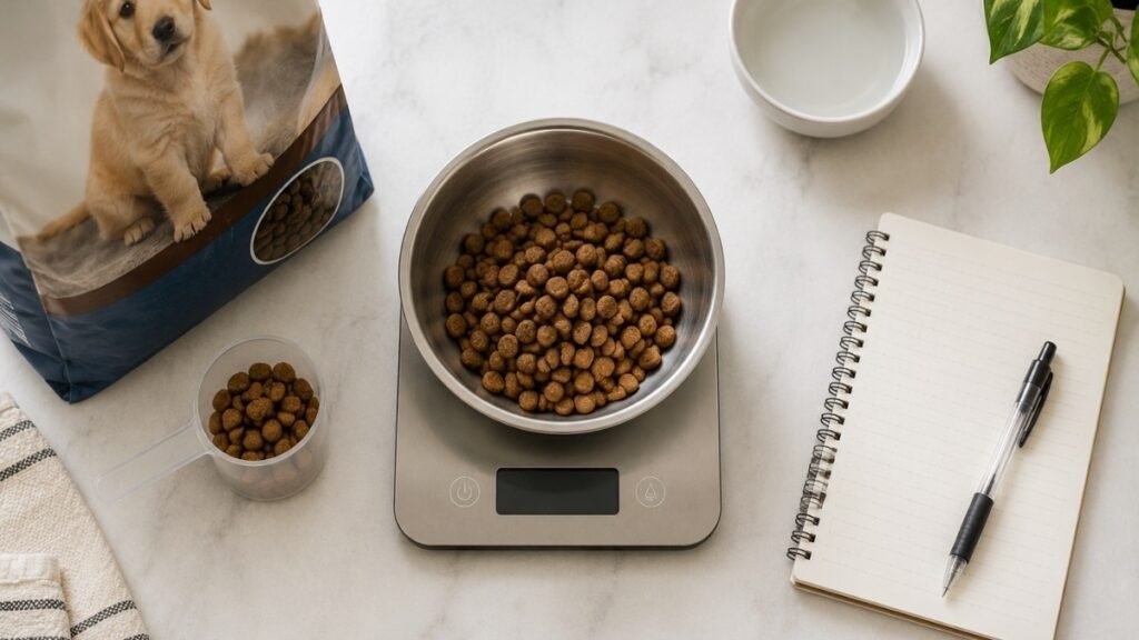 A precisely measured puppy meal being prepared with a digital scale and stainless steel bowl, with large breed puppy formula visible nearby and feeding notes in a notebook — showing the accurate portioning and correct food selection that supports healthy puppy growth chart progress