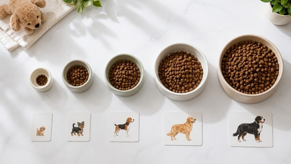Five puppy food bowls arranged from smallest to largest representing toy breed through giant breed portion sizes — illustrating how dramatically different nutrition needs are across breed size categories when following a puppy growth chart