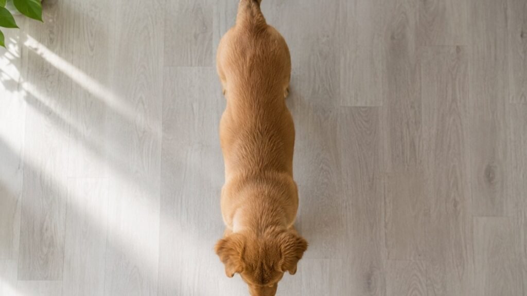 An overhead view of a puppy showing a clear visible waist narrowing behind the ribcage — illustrating the healthy body condition score that indicates ideal weight when using a puppy growth chart, where visible waist definition is more informative than scale numbers alone