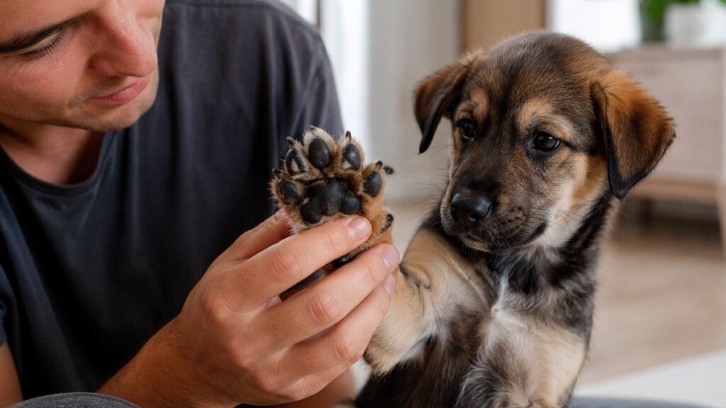 A person examining a mixed-breed puppy's disproportionately large paw — illustrating the common myth that large puppy paws predict a giant adult dog, which the puppy growth chart guide explains is an unreliable predictor compared to bone thickness and frame assessment