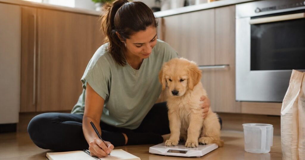 A dog owner gently placing her golden retriever puppy on a kitchen scale while writing notes nearby — illustrating the weekly weighing routine used alongside a puppy growth chart to track healthy development trends over time
