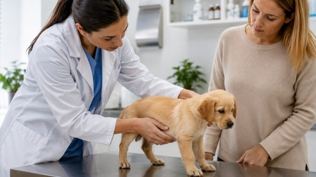 A veterinarian examining a puppy's abdomen while the owner watches nearby — showing the veterinary assessment recommended when a puppy is consistently falling below the puppy growth chart range, as intestinal parasites are one of the most common causes of slow growth