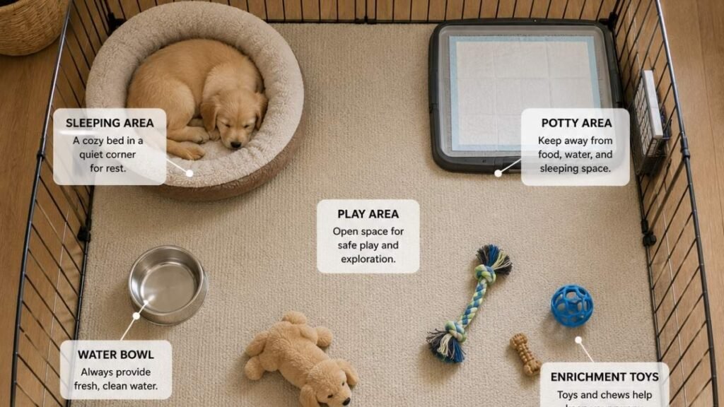 Example of a safe puppy playpen layout with separate rest, water, play, and potty areas.