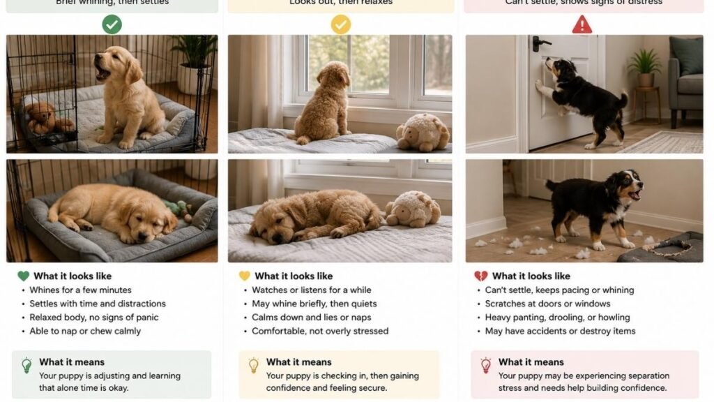 Comparison between normal puppy protest, FOMO behavior, and separation-related distress.