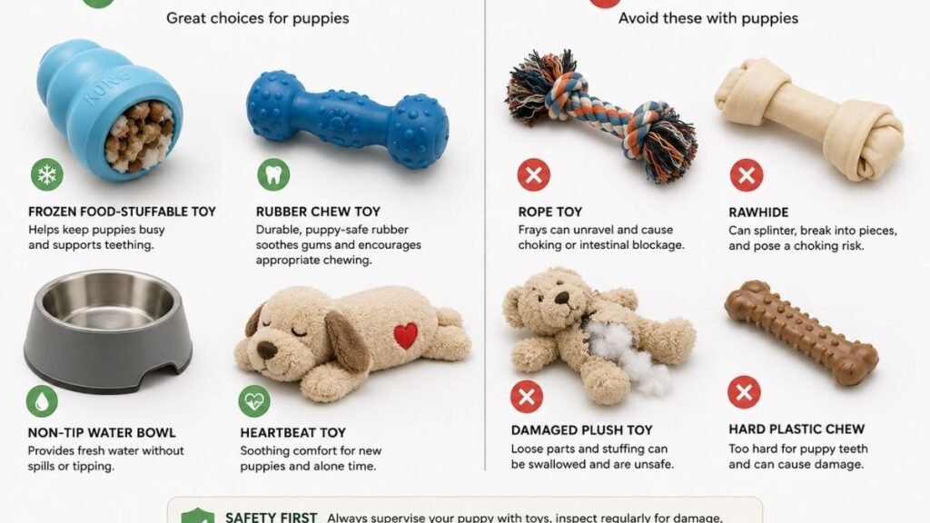 Safe and unsafe toys for puppies left home alone.