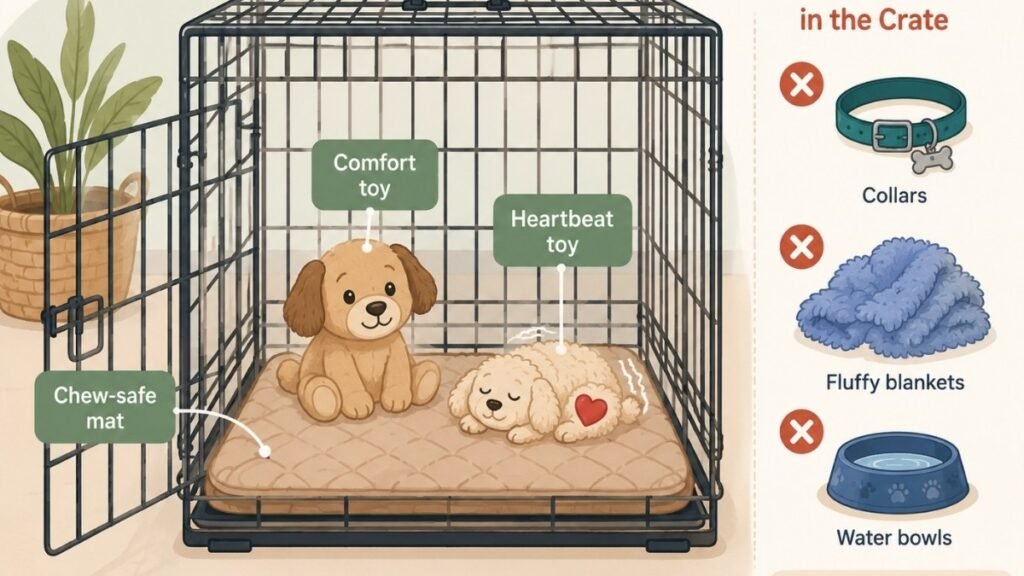 Illustration comparing safe and unsafe items to keep inside a puppy's crate at night