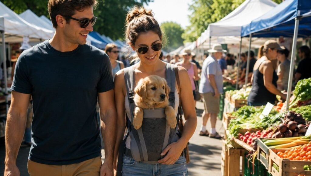 A young couple walking through a busy farmers market with a puppy carried in a chest carrier, the puppy looking around alertly at the stimulating environment — showing the carrying technique that allows safe socialization when asking when can puppy go outside before vaccinations are complete, exposing them to people and sounds without ground-level disease risk