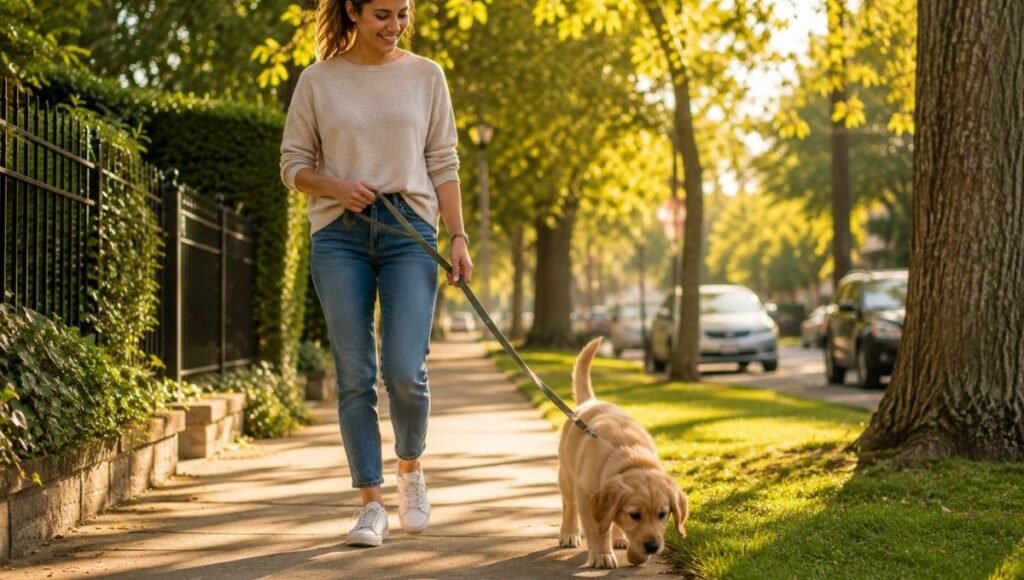 A young woman walking confidently with her golden retriever puppy on a loose leash on a sunny tree-lined sidewalk — representing the milestone of full outdoor access after the vaccination series is complete, answering when can puppy go outside for real walks with confidence and safety