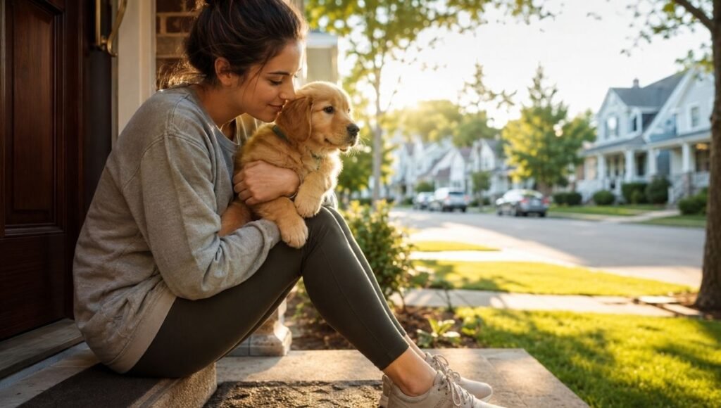 A dog owner sitting on her front doorstep carrying her golden retriever puppy who looks out curiously at the neighborhood for the first time — capturing the hopeful but cautious moment of wondering when can puppy go outside safely before the vaccination series is complete