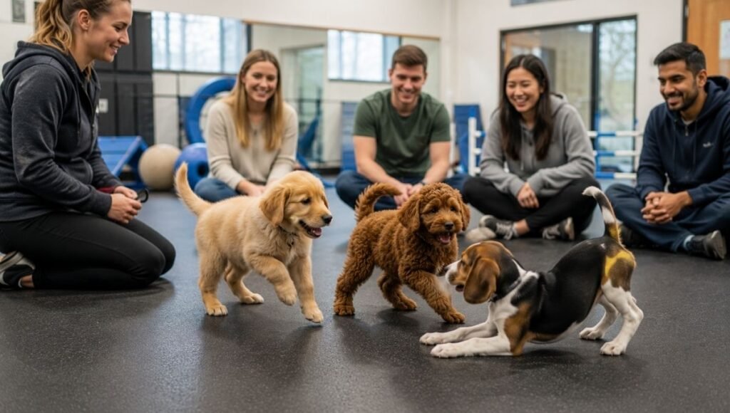 Three puppies of different breeds playing together in a supervised indoor puppy class with owners and a trainer watching — showing why puppy classes are the safest and most beneficial socialization option when determining when can puppy go outside and meet other dogs before the vaccination series is complete