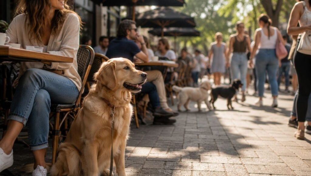 A confident, relaxed adult golden retriever sitting calmly at a busy outdoor cafe with completely soft and settled body language despite the stimulating environment — representing the long-term result of getting the answer right to when can puppy go outside and investing in thorough socialization during the critical window
