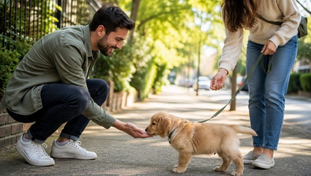 A friendly bearded man kneeling to let a puppy sniff his hand while the owner holds a treat ready nearby — illustrating one of the key socialization checklist items for new owners learning when can puppy go outside and what experiences to prioritize during the critical 8 to 16 week socialization window